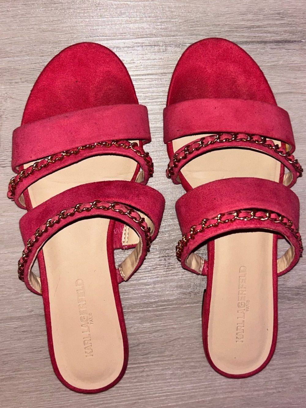 Karl Lagerfield Pink Double-Strap Chain Slide Sandals